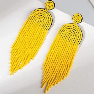 Long Yellow 4.5" Modern Art Deco Oversized Earrings New Bohemian Tassel Fringe
